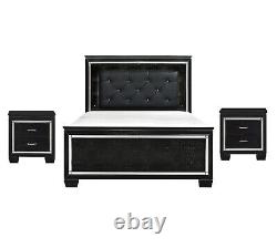 Modern Black Finish Glam Bedroom set 3pc Queen LED Bed and Nightstands Set