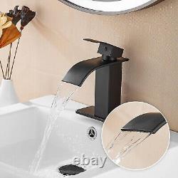 Modern Deck Mount Waterfall Faucet Matte Black Finish, Set of 2 for Bathrooms