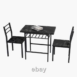 Modern Dining Table Set with 2 Chairs Printed Black Marble Finish Dining Room