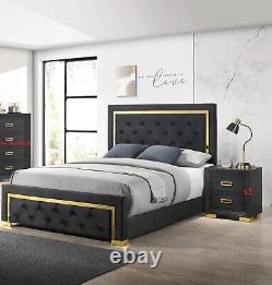 Modern Glam 3pc King Size Panel Bed Set Gold Black Finish Bedroom Furniture