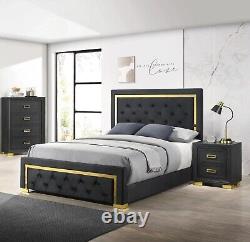 Modern Glam 3pc Queen Panel Bed Chest Nightstand Set Gold Black Finish Furniture