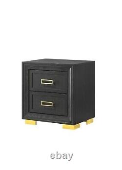 Modern Glam 3pc Queen Panel Bed Chest Nightstand Set Gold Black Finish Furniture