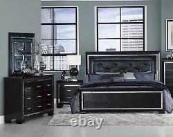 Modern Glam 5pc Bedroom Set LED King Bed Nightstands Dresser Mirror Black Finish