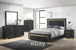 Modern Glam 6pc King Size Panel Bed Set Gold Black Finish Bedroom Furniture