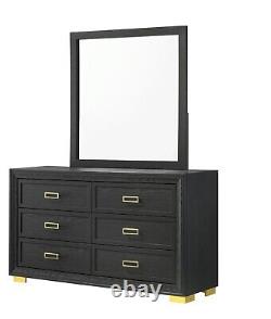 Modern Glam 6pc King Size Panel Bed Set Gold Black Finish Bedroom Furniture