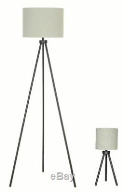 Modern Tripod Table and Floor Lamp Set, Black Metal Finish, Living Room Lamps