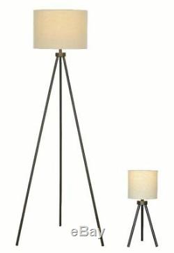 Modern Tripod Table and Floor Lamp Set, Black Metal Finish, Living Room Lamps