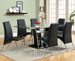 NEW 7PC TUCOLA MODERN GLASS TOP CHROME BLACK or WHITE DINING TABLE SET CHAIRS