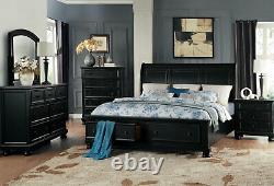 NEW Black Finish 5 piece Bedroom Set with King Bed Dresser Mirror Nightstands IA52