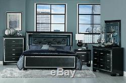NEW Modern Black Finish Bedroom Furniture 5pcs King LED Lighted Bed Set IA4O