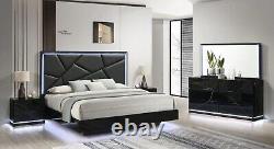 NEW Modern Italian 4PC LED Gloss Black Queen King Contemporary Bedroom Set