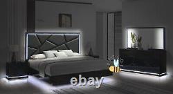 NEW Modern Italian 4PC LED Gloss Black Queen King Contemporary Bedroom Set