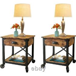 NEW Set of 2 Rustic Side Tables Country Pine Finish Wood & Metal End Nightstand