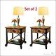 New Set Of 2 Rustic Side Tables Country Pine Finish Wood & Metal End Nightstand