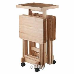 Natural Finish 5 pc Wooden Tray Table Set Folding Portable Snack Stand TV Dinner