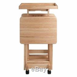 Natural Finish 5 pc Wooden Tray Table Set Folding Portable Snack Stand TV Dinner
