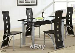 New 5pc Contemporary Calhana Black Glass Silver Finish Metal Dining Table Set