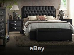 New 5pc Franco II Black Finish Wood Tufted Bycast Leather Queen King Bedroom Set
