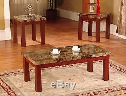 New Faux Marble 3 Piece Coffee and End Table Set Tables, in Black/Cherry Finish