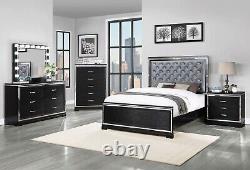 ON SALE Modern Black Finish & Mirror Trim King Faux Leather Bedroom Set IA7M