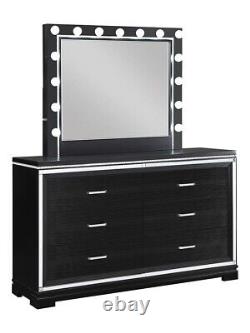 ON SALE Modern Black Finish & Mirror Trim King Faux Leather Bedroom Set IA7M