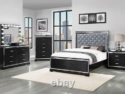 ON SALE Modern Black Finish Queen King Faux Leather Bedroom Set Furniture IA7M