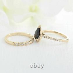 Pear Cut Black Diamond Engagement Wedding Bridal Ring Set 14k Rose Gold Finish