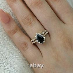 Pear Cut Black Diamond Engagement Wedding Bridal Ring Set 14k Rose Gold Finish