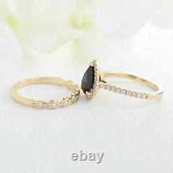 Pear Cut Black Diamond Engagement Wedding Bridal Ring Set 14k Yellow Gold Finish
