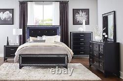 Pearl Black Metallic Finish Bedroom 4pc Set LED Queen Bed Nightstand Dresser