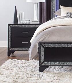 Pearl Black Metallic Finish Bedroom 4pc Set LED Queen Bed Nightstand Dresser