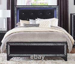 Pearl Black Metallic Finish Bedroom 4pc Set LED Queen Bed Nightstand Dresser