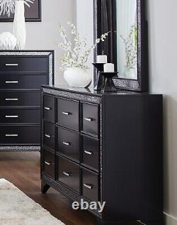 Pearl Black Metallic Finish Bedroom 4pc Set LED Queen Bed Nightstand Dresser