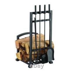 Pleasant Hearth Log Holder Fireplace Tool Set Durable Steel Black Finish 5-Piece