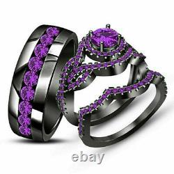 Purple Amethyst 14K Black Gold Finish 2.33CT His Her Wedding Bands Trio Ring Set