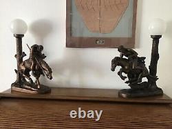 RARE Indian Warriors on Horseback Vintage The Vision Lamp Set of 2Bronze Finish