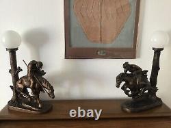 RARE Indian Warriors on Horseback Vintage The Vision Lamp Set of 2Bronze Finish