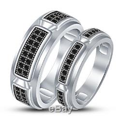 Real Black Diamond 14K White Gold Finish Engagement Ring Bridal Wedding Trio Set