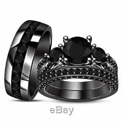Real Black Diamond Trio Set Wedding Ring For His And Her 14K Black Gold Finish