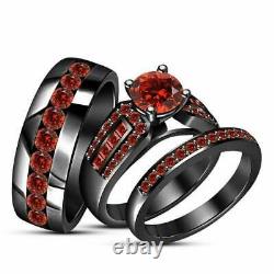 Red Garnet 14K Black Gold Finish Trio Bridal Wedding His & Her Ring Band Set 3Ct