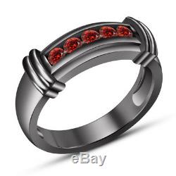 Red Garnet His & Hers Trio Bridal Band Engagement Ring Set 14K Black Gold Finish
