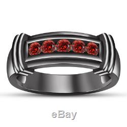 Red Garnet His & Hers Trio Bridal Band Engagement Ring Set 14K Black Gold Finish
