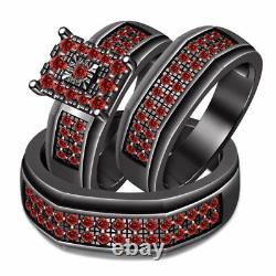 Red Garnet Wedding Mens & Womens Engagement Trio Ring Set 14K Black Gold Finish