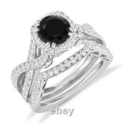 Round Cut Black Diamond Engagement Wedding Bridal Ring Set 14k White Gold Finish