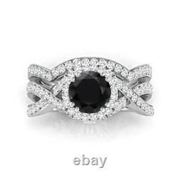 Round Cut Black Diamond Engagement Wedding Bridal Ring Set 14k White Gold Finish