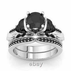 Round Cut Black Diamond Skull Engagement Wedding Ring Set 14K White Gold Finish