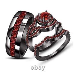 Round Cut Lab-Created Red Garnet Wedding Trio Ring Set In 14k Black Gold Finish