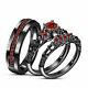 Round Cut Red Garnet Simulated His & Her Trio Wedding Ring Set 14k Black Finish