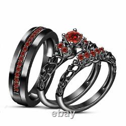 Round Cut Red Garnet Simulated His & Her Trio Wedding Ring Set 14K Black Finish