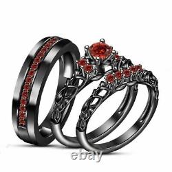Round Lab Created Red Garnet His & Her Trio Wedding Ring Set 14K Black Finish